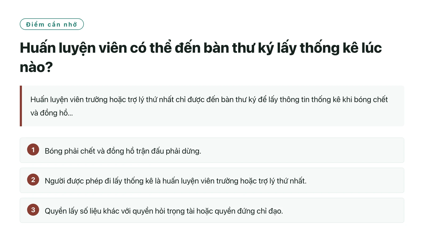 Huấn luyện viên có thể đến bàn thư ký lấy thống kê lúc nào?——全文要点速览